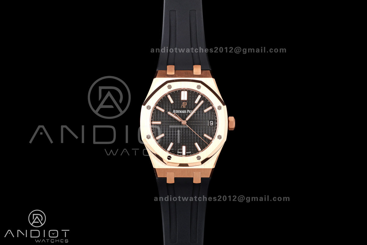 Royal Oak 41mm 15500 RG DDF 1:1 Best Edition Black Dial on Black Rubber Strap DD4302 Super Clone (Weighted)